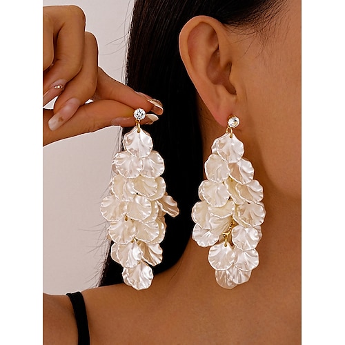 Damen-Ohrhänger aus Satin mit Blütenblättern – elegante, mehrlagige Statement-Ohrringe mit Blumenmuster und Kristallstecker für Party-, Hochzeits- und Abendoutfits Image