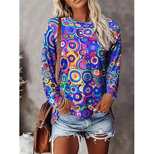 Damen T-Shirt Langarm Grafik Geometrisch Gestreift Vintage Mode Stylisch Langarm Rundhalsausschnitt Regelmäßige Oberteile Daily Druck Schwarz Blau Lila Frühling Herbst Prefall Image