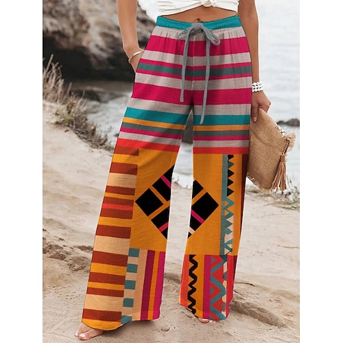 Damen Weites Bein Hosen Hose Ethno-Stil Retro Vintage Lang Hohe Taille Geometrisch Elastischer Bund Drucken Hoher Schnitt Atmungsaktivität Weich Mikroelastisch Urlaub Straße Alltagskleidung Gelb Image