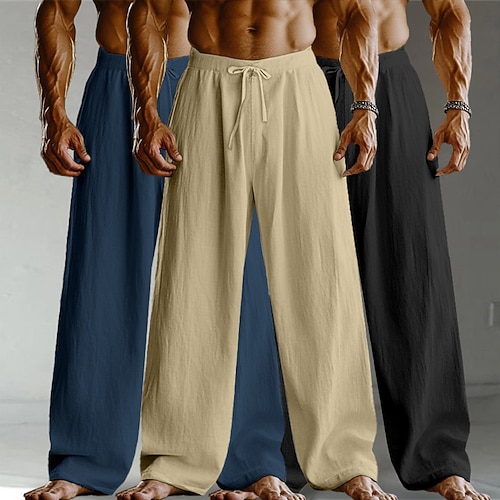 Herren Leinenhosen Hose Sommerhose Baggy-Hosen Kordelzug Elastischer Bund Gerader Schnitt Einfach Komfort Atmungsaktiv Volle Länge Heim Yoga Ferien Mode Streetwear SchwarzWeißMarineblau Wei Image