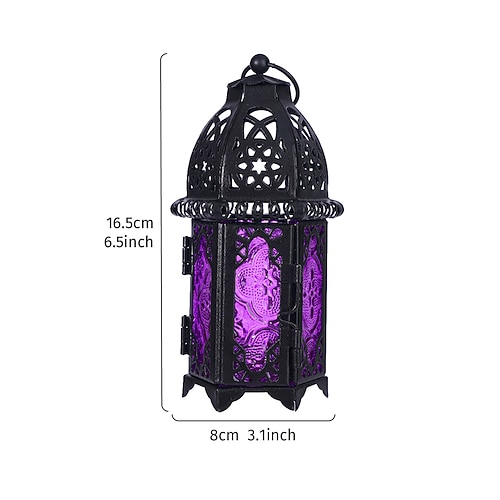 Lanterna in vetro colorato antivento in ferro vintage, portacandele sospeso con design a cerchio cavo e struttura in ferro, lanterna decorativa resistente al vento per casa, bar, ristorante, festa