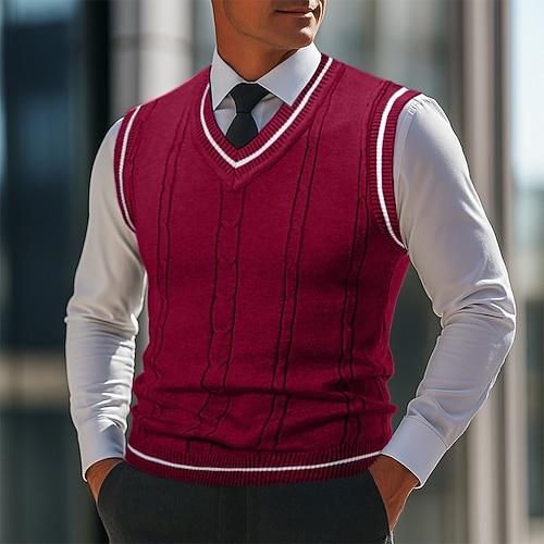 Herren Pullover Pullunder Weste Gerippt Stricken Normale Oberteile Gestrickt Schmale Passform Einfach V Ausschnitt Strickware Zeitgenössisch Lässig Alltagskleidung Bekleidung Herbst Schwarz Weiß L XL