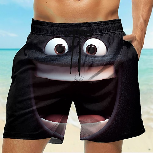 Herren 3D Zeichentrick Lächelndes Gesicht Badehosen Badeshorts Boardshorts Mittlere Taille Lustig Outdoor Urlaub Alltagskleidung Seitentaschen Netzfutter Elastischer Kordelzug in der Taille Designer Image