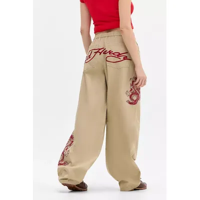 Ed Hardy UO Exclusive Wide Leg Embroidered Trousers - Beige S at Urban Outfitters