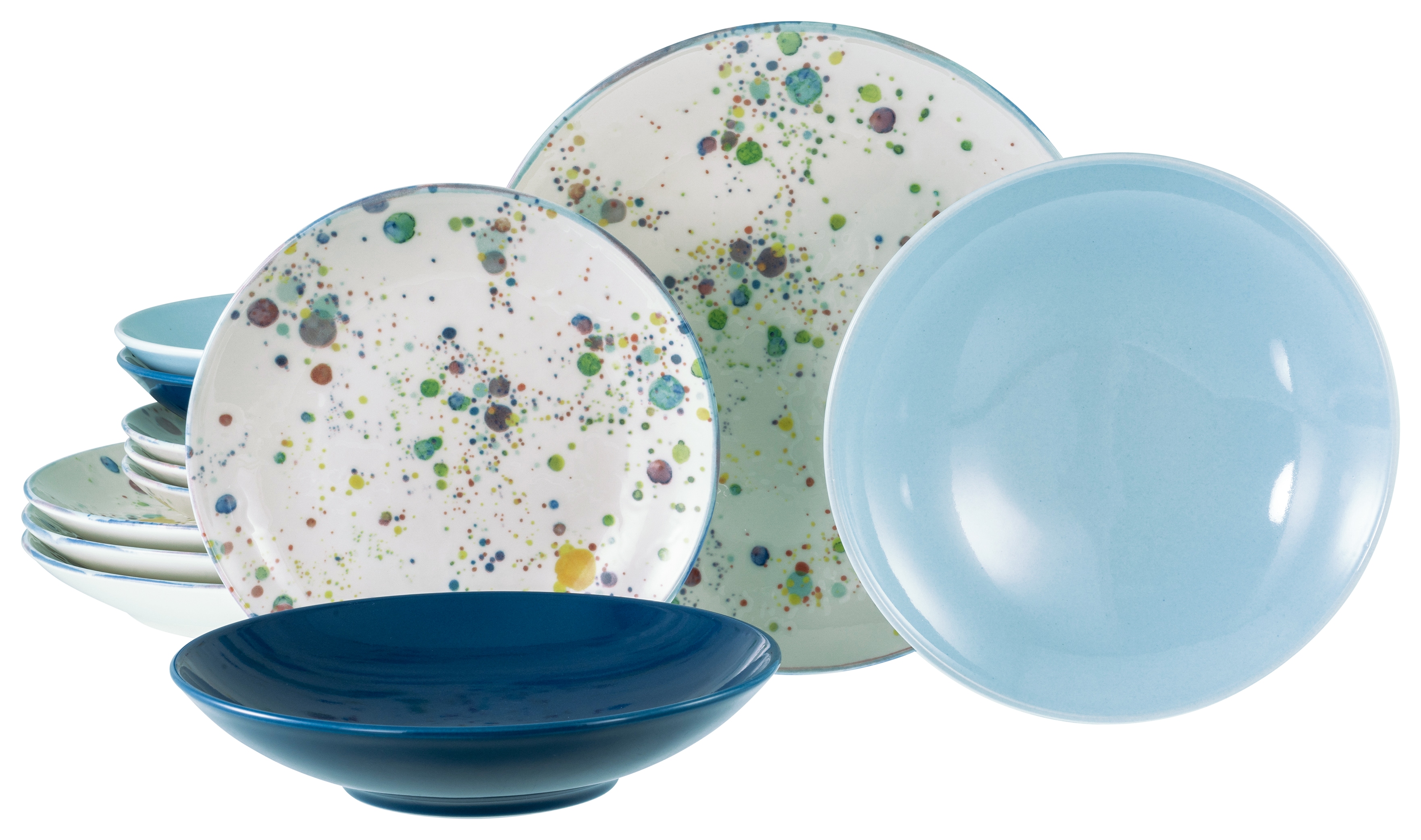 Teller-Set CREATABLE "Candy Drops, Tellerset 12-tlg.", blau (blau mix, bunt), 12 Stk., Steinzeug, Geschirr-Sets, Unregelmäßige bunte Punkte, Gute Laune Geschirr, Frisch, Freundlich Image