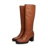 Stiefel TOMMY HILFIGER "STACKED HEEL LEATHER LONG BOOT", Damen, Gr. 40, braun, Glattleder, klassisch, Schuhe, Blockabsatz, Langschaftstiefel mit goldfarbenem Logo-Schmuckelement