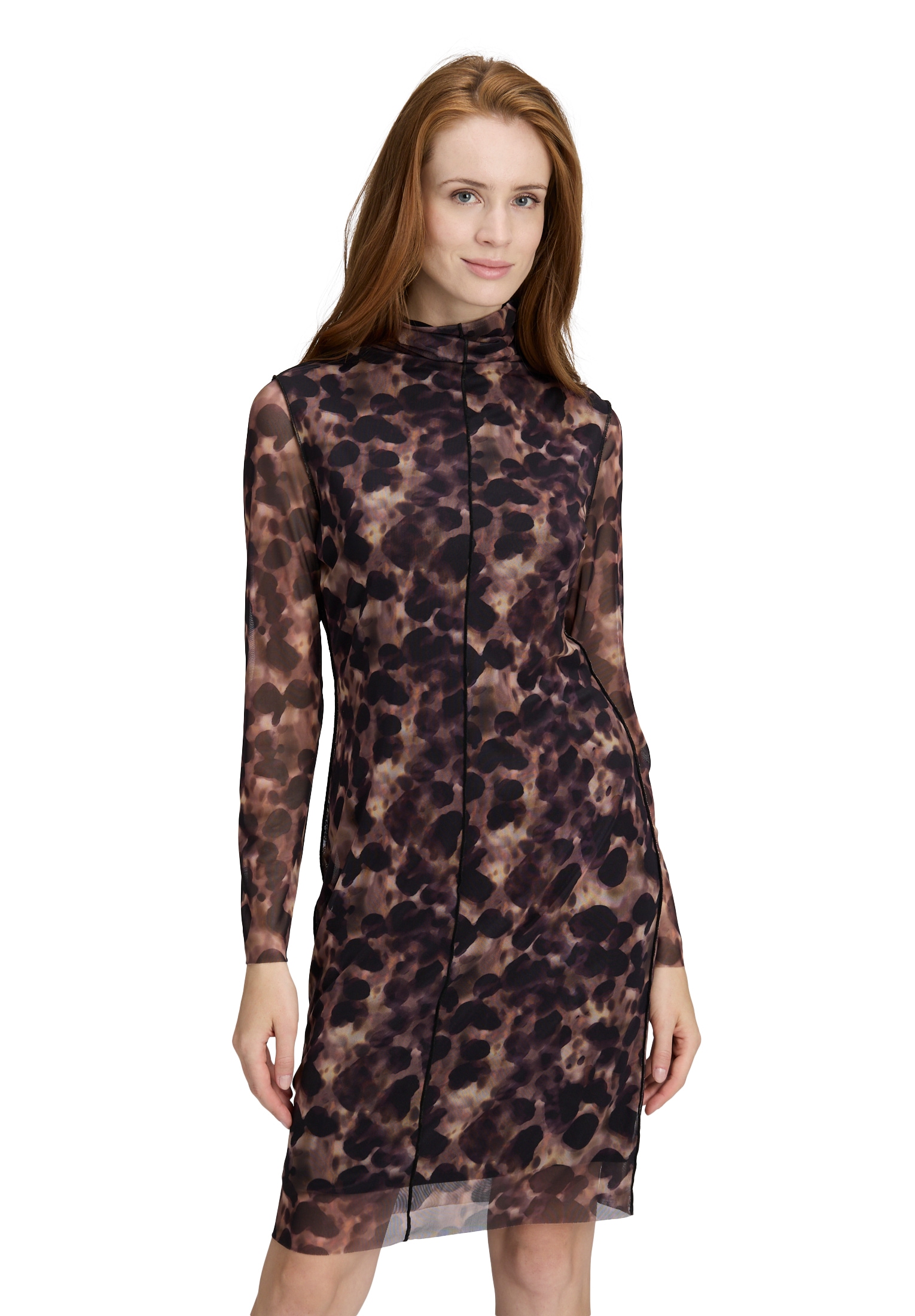 Meshkleid CARTOON "Damen Mesh-Kleid mit Kragen", Damen, Gr. 44, Normalgrößen, apricot, schwarz, Obermaterial: 95% Polyester, 05% Elasthan. Futter: 95% Viskose, 5% Elasthan., figurbetont kurz, Rundhals, Kleider Image