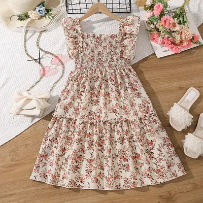 Sommerkleid für Mädchen im Alter von 8–12 Jahren, süßes, quadratisches, langes, flatterndes Kleid, täglich, lässig, schick Image