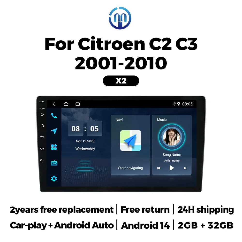 NaviFly Android 14 Autoradio Für Citroen C2 C3 2001 2003 - 2010 Multimedia Player Stereo GPS BT carplay Auto Smart Systeme 2Din Image