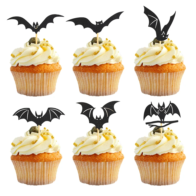 12Pcs Halloween Fledermaus Cupcake Topper Schwarz Fledermaus Kuchen Topper Happy Halloween Party Dekoration Für Dessert Backen Dekor Zubehör Image