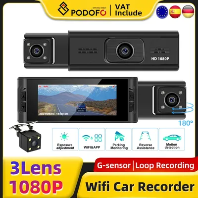 Podofo 3 Lens Dash Cam For Cars 3.16" 1080P Car DVR Video Recorder Rear View Camera For Vehicle WiFi APP 24H Parking Monitor