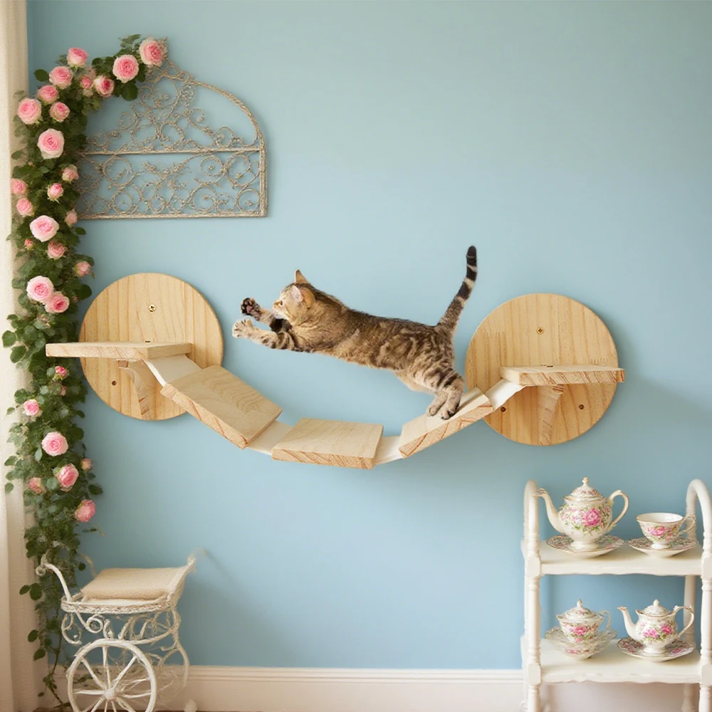 Robuste, an der Wand montierte Katzenkletter-Holzregale, gemütliche Katzen-Sprungplattform mit Treppe für Kätzchen-Spielplatzmöbel Image