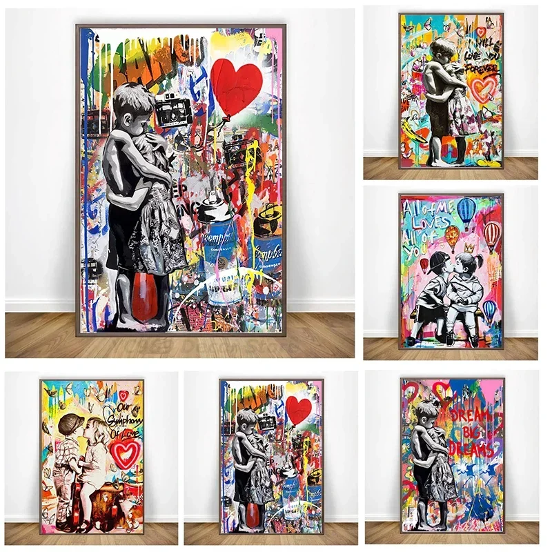 Banksy Pop Wandkunst Kinder umarmt Graffiti Street Art Leinwand Malerei Kunstwerk Poster und Drucke Jubiläumsgeschenk Home Room De