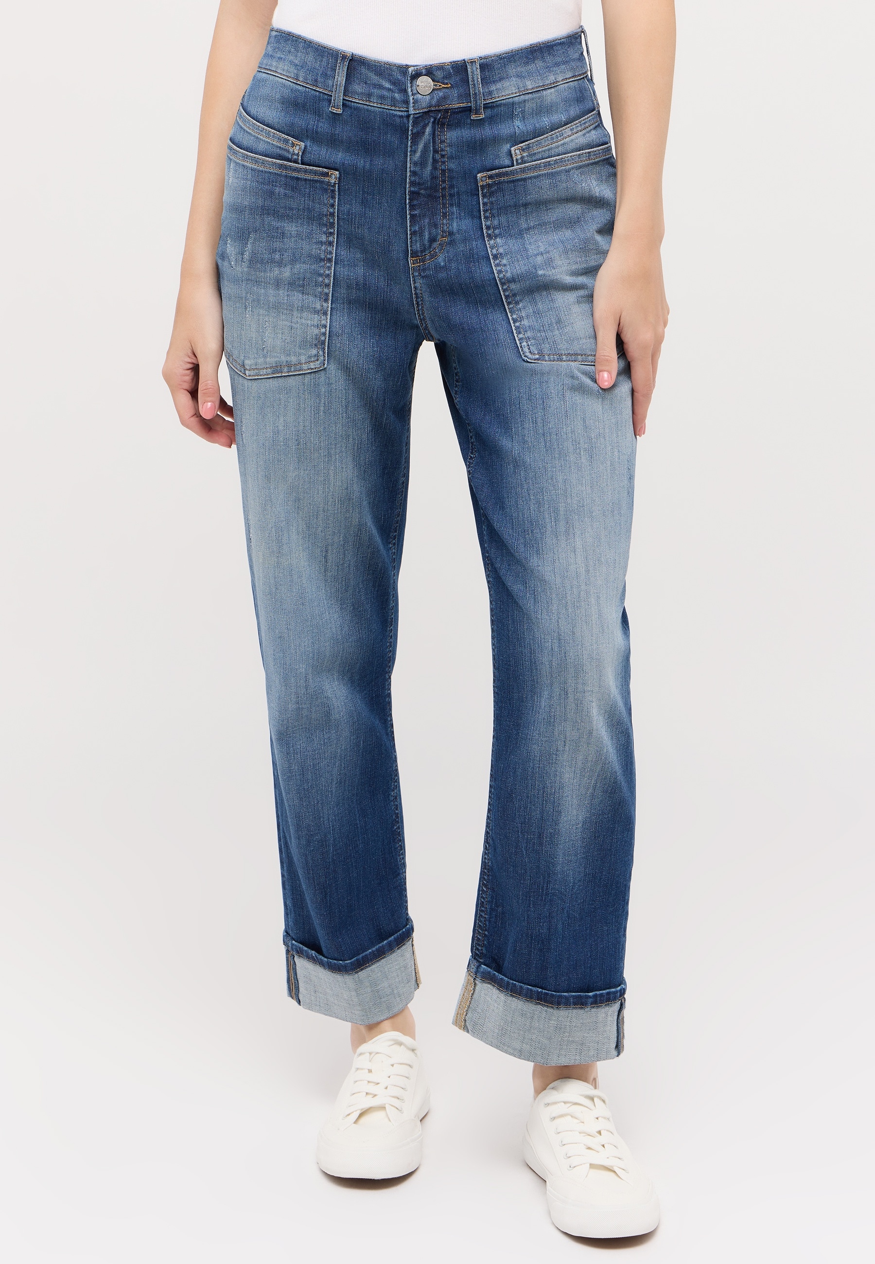Relax-fit-Jeans ANGELS "LIBERTA TURN UP", Damen, Gr. 46, Länge 27, blau (mid blau used destroyed), Denim/Jeans, Obermaterial: 78% Baumwolle, 20% Polyester, 2% Elasthan, relaxed fit 7/8-Länge, Jeans, Relaxed fit, aus Baumwollmischung, mit großen...