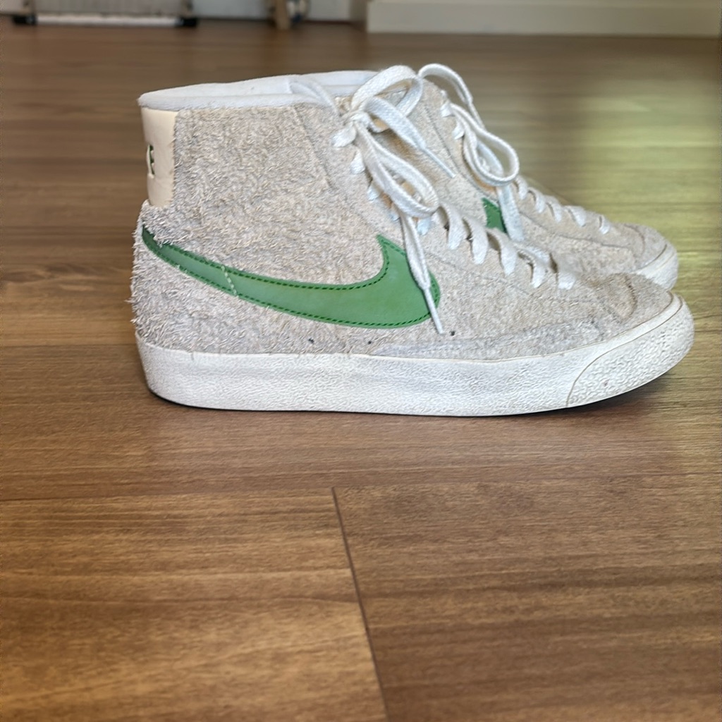 Nike Shoes | Fuzzy High-Top Nikes, Green Decal Nike Swoop, 7.5 Women Shoe | Color: Cream/Green | Size: 7.5