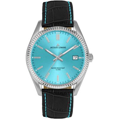 Quarzuhr JACQUES LEMANS "Derby", schwarz (hellblau), Armbanduhren, Damen, Armbanduhr, Herrenuhr, Damenuhr, Lederarmband, Datum Image