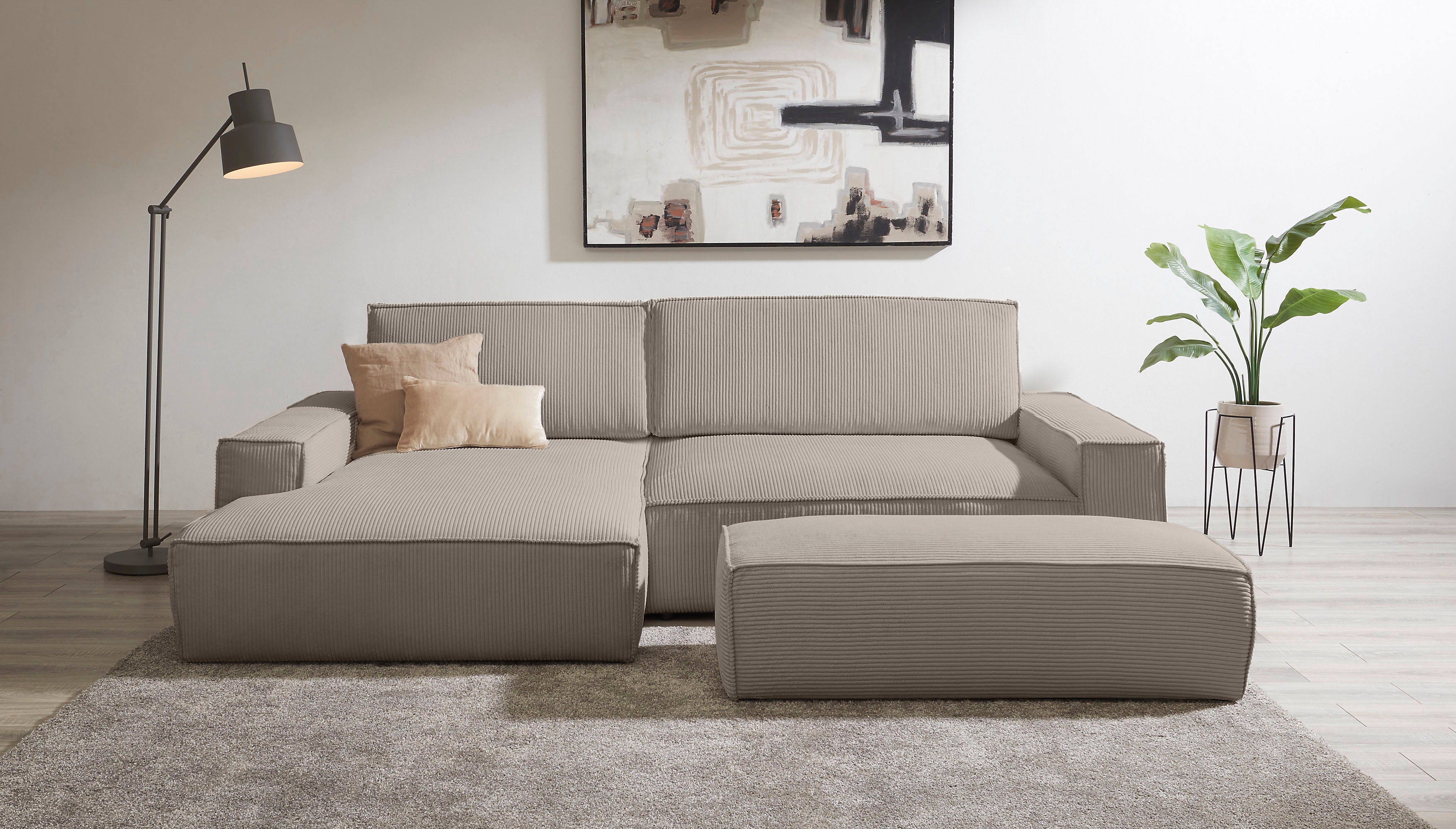 Polsterecke HOME AFFAIRE "SHERWOOD XXL tief, L-Form, Schlaffunktion, Bigsofa, Cord, Leinenoptik", greige, B:284cm H:90cm T:135cm, 100% Polyester, Sofas, stellbar zum Schlafsofa (Krokodilverbinder), Cord, Leinenoptik, Topseller