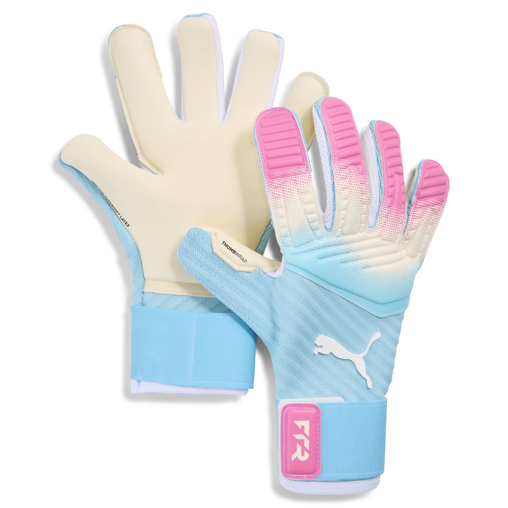 Torwarthandschuhe PUMA "FUTURE Pro RE-CHARGE Torwarthandschuhe Unisex", Damen, Gr. 9, weiß (sunset pink hero blau weiß), 54% PES, 45% Latex, 1% PU, Handschuhe Image