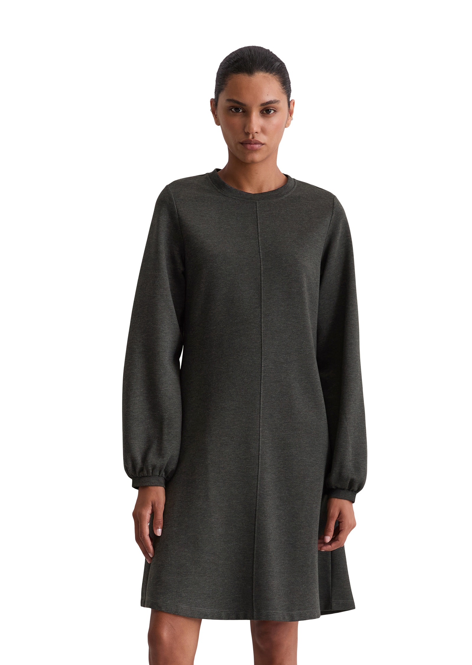Jerseykleid MARC O'POLO "aus Interlock-Qualität", Damen, Gr. 46, Normalgrößen, grau (night grau melange), Obermaterial: 94% Baumwolle, 6% Elasthan; Futter: 100% Nicht verfügbar, unifarben, relaxed fit kurz, Rundhals, Bündchen, Kleider