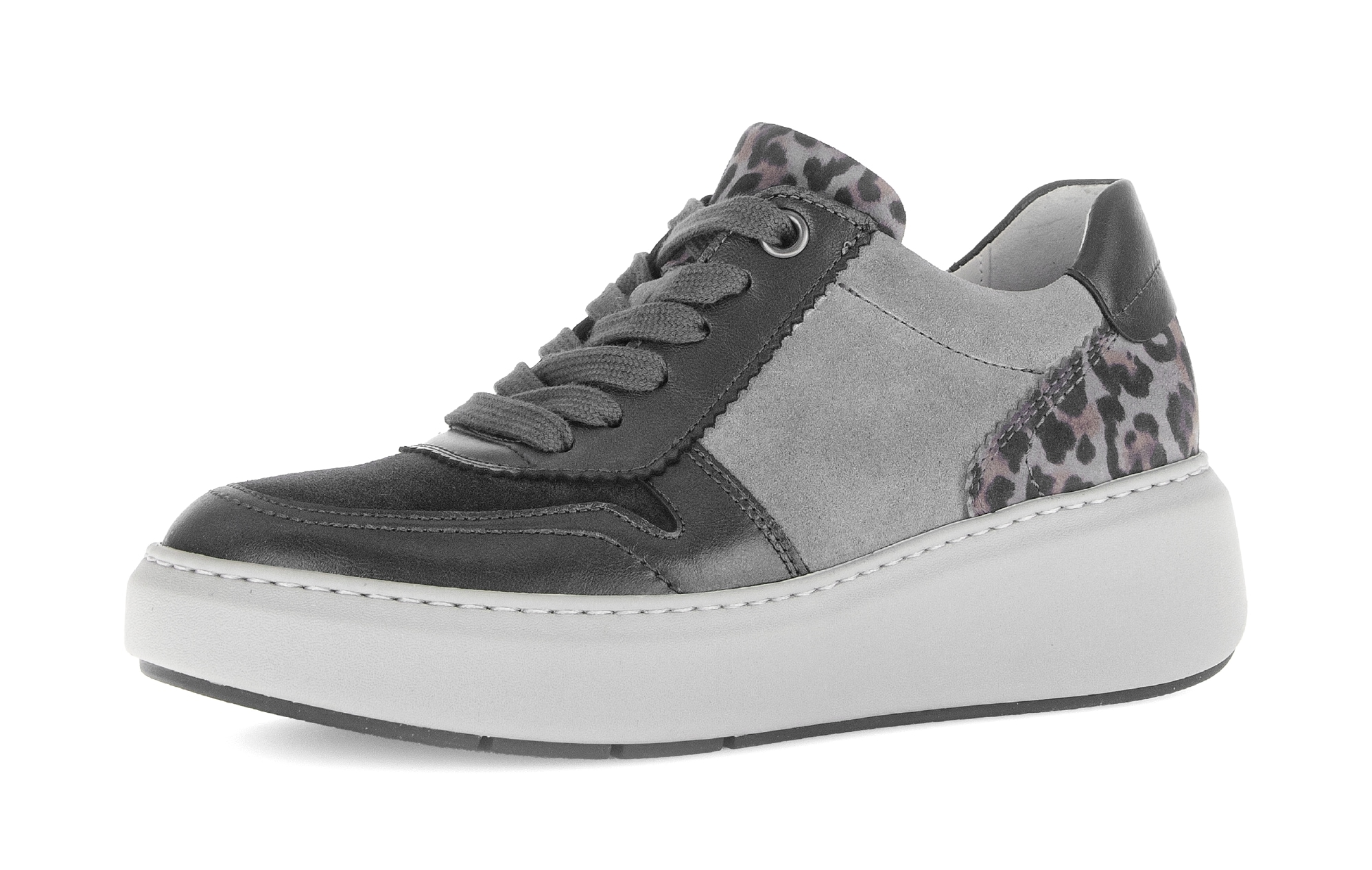 Keilsneaker GABOR, Damen, Gr. 40, schwarz (grau, schwarz, leo), Veloursleder, Ziegenleder, Schuhe, Plateau, Halbschuh, Schnürschuh in Bequemweite G (= weit)