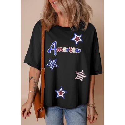 Damen Pailletten Amerika Stern Rundhals T-Shirt Image