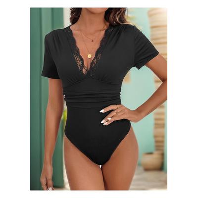Damen Perfee Spitzen-Detail V-Ausschnitt Kurzarm Body Image