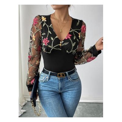 Damen Perfee Bestickter V-Ausschnitt Langarm-Body Image