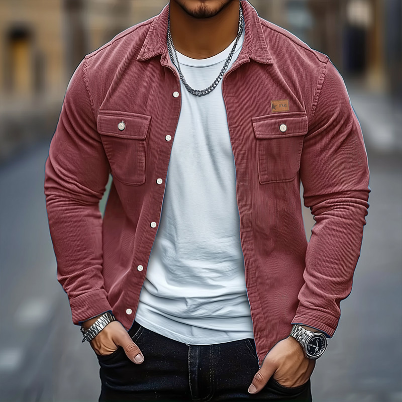 Men's Solid Color Corduroy Shirt Shirt Jacket Overshirt Long Sleeve Casual Outdoor Dailywear Fall Winter Turndown Button-Down Warm Jacket with Flap Pockets Red Blue Green Khaki Gray