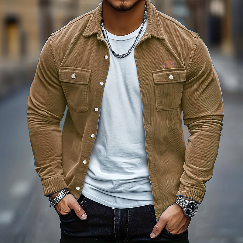 Men's Solid Color Corduroy Shirt Shirt Jacket Overshirt Long Sleeve Casual Outdoor Dailywear Fall Winter Turndown Button-Down Warm Jacket with Flap Pockets Red Blue Green Khaki Gray