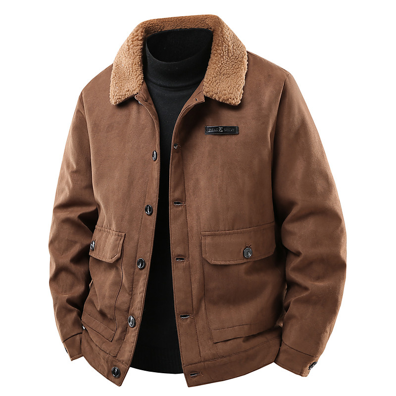 Men's Faux Suede Jacket Windbreaker Brown Suede Jacket Casual Casual Daily Windbreaker Pocket Fleece Collar Winter Spring Fall Solid Color Vintage Fashion Shirt Collar Regular Black Brown Grey