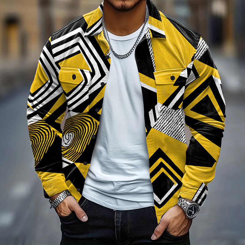 Men's Geometric Color Block Corduroy Shirt Shirt Jacket Overshirt Long Sleeve Casual Outdoor Dailywear Fall Winter Turndown Button-Down Warm Jacket with Flap Pockets Yellow Red Green Dark Blue