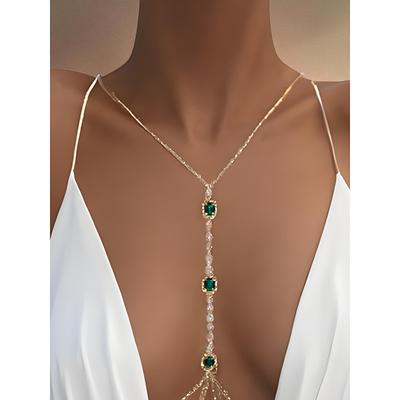 Women's Silver Emerald and Crystal Body Chain - Elegant Plunging Neckline Jewelry for Weddings, Evening Parties, Beach Vacations and Special Occasions