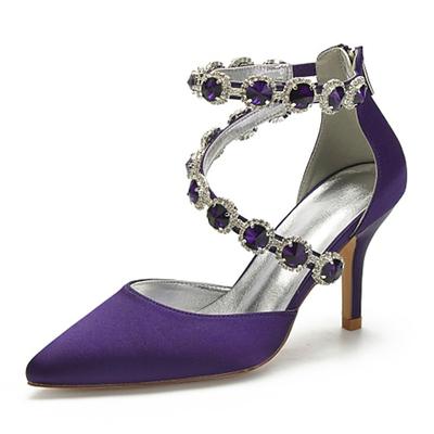 Purple Satin Women's High Heel Shoes with Rhinestone Embellishments and Ankle Straps for Weddings and Cocktail Formal Events