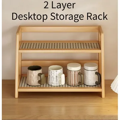 2 layer Desktop Storage Rack Bamboo Kitchen Storage Rack Desktop Cabinet Organizer Display Rack Coffee Counter Shelf Cup Holder