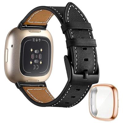 Smart Watch Band Compatible with Fitbit Fitbit Versa Lite Versa 4, Sense 2, Versa 3, Sense Fitbit Versa 2 Leather Smartwatch Strap with Case Adjustable Women Men Sport Band Replacement Wristband