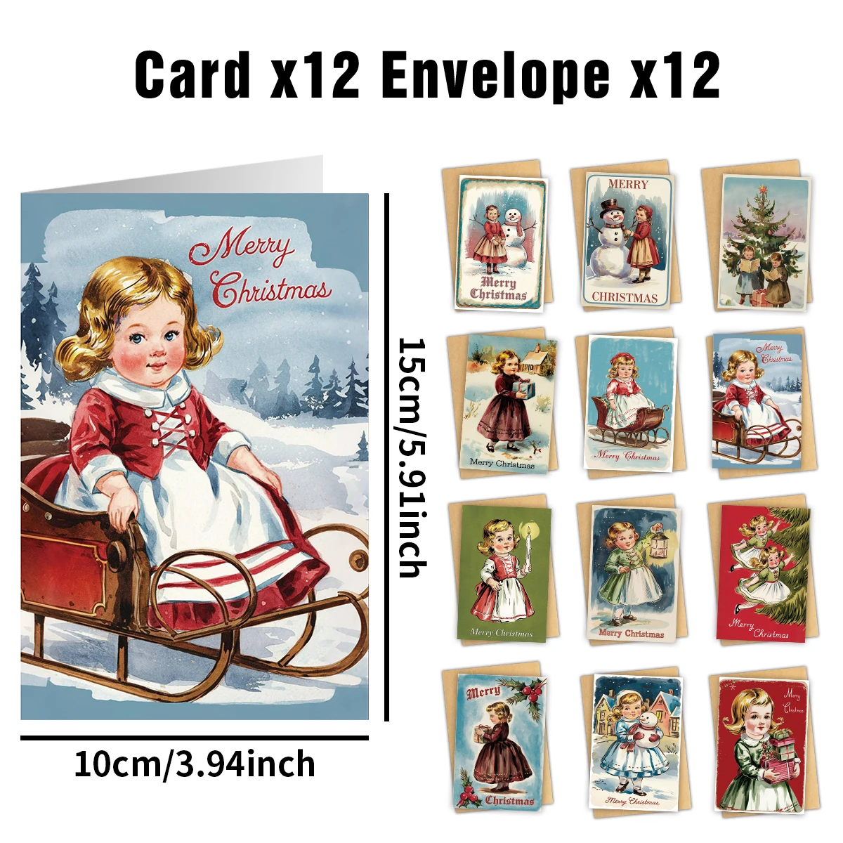 12 Stück Vintage-Weihnachtsgrußkarten mit Umschlag – niedliche Winterszenen, handgeschriebene Notizen für frohe Weihnachten, Urlaubsbriefpapier Image