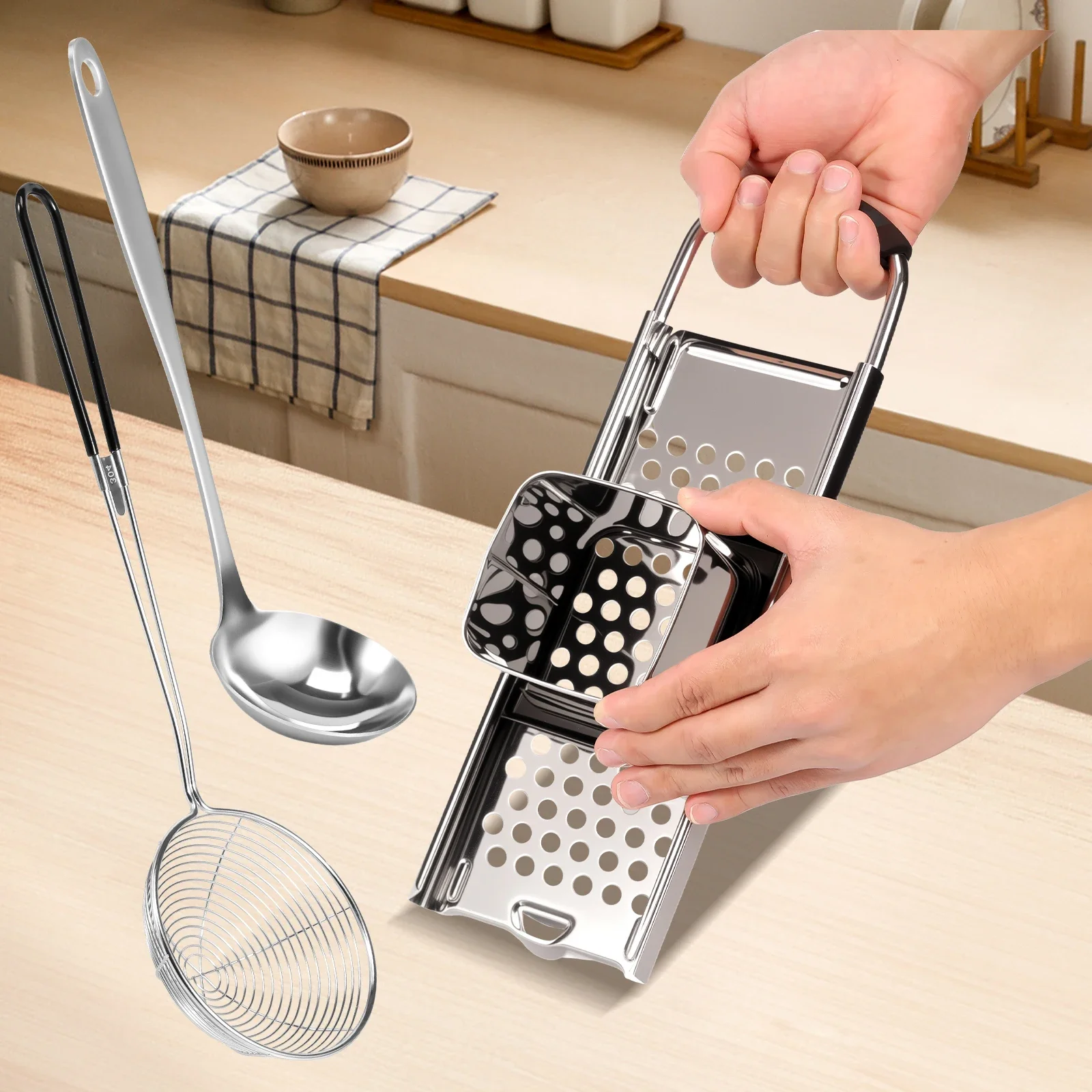 Spaetzle Maker aus hochwertigem Edelstahl, verbreiterter Kunststoffgriff mit Skimmer-Spinnensieb, selbstgemachter Eiernudelknödel Image