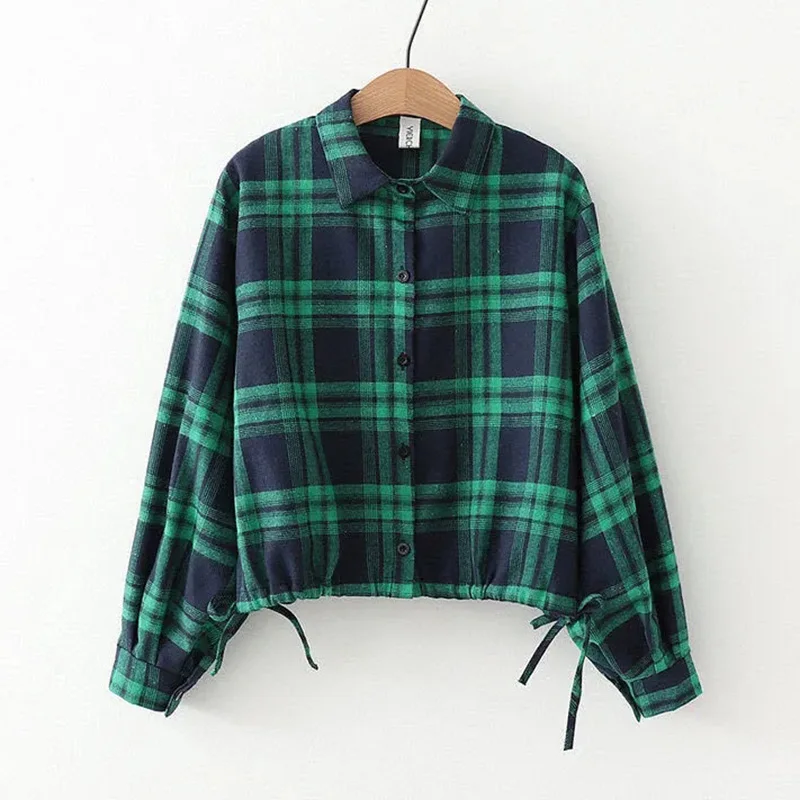 Grün Plaid Vintage Kurze Polo-Ausschnitt Langarm Einreiher frauen Bluse Shirt Koreanische Mode Weibliche Kleidung Tops 2025