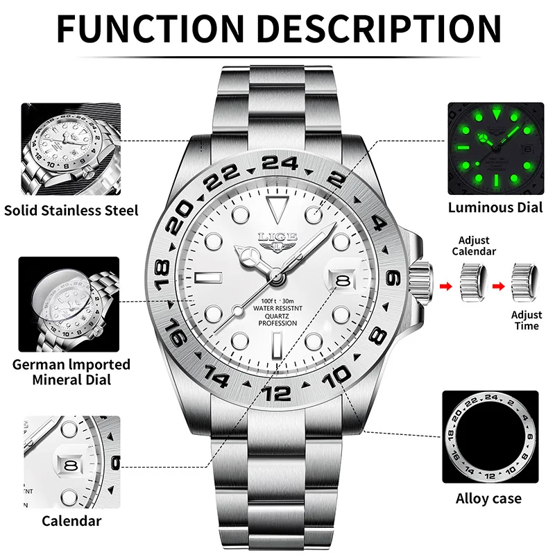 LIGE Marke Luxusuhren Herren klassisch wasserdicht Edelstahl Quarz leuchtende Business Herren Armbanduhr Uhr Reloj Hommes Image