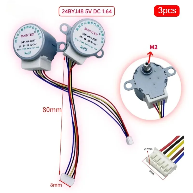 3 Stück 4-Phasen-5-Draht-DC-Getriebe-Schrittmotor 5 V 24BYJ48 Untersetzungsmotor-Verhältnis 64:1 für Single-Chip-Mikrocomputer/Kameraüberwachung Image