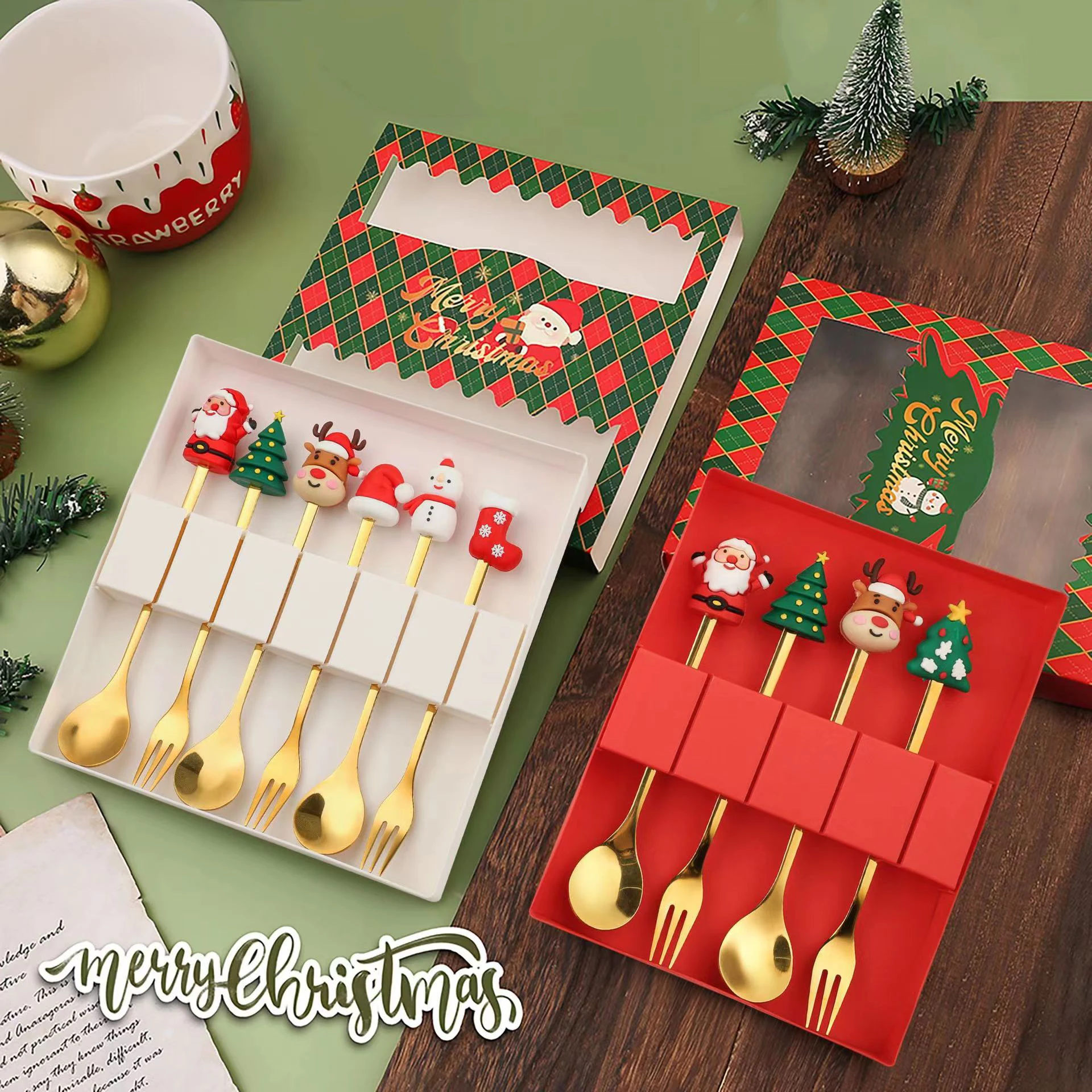 6 stücke Weihnachten Kaffee Löffel Gabeln Set Edelstahl Santa Claus Dessert Löffel Gabeln Weihnachts geschenke für Kinder Geschenk box Set Image