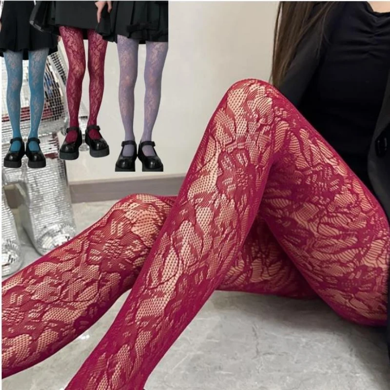 Y2k Mode Gothic Blume Aushöhlen Sexy Strumpfhosen dame Fishnet Wein Rot Ins Heiße Mädchen JK Strumpfhosen Hohe Elastische Hipster Leggings