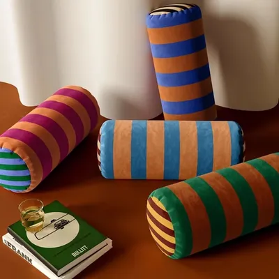 Lange runde Kissen Retro Streifen Kissen bunte Samt dekorative Kissen für Sofa Bettwäsche nach Hause dekorieren Image