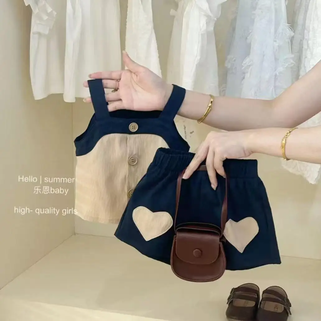 Mädchen Sommer Kleidung Set 2025 Neue kinder Koreanische Fashion Square Kragen Weste Top + Shorts 2 Stücke Set Kinder mädchen Kleidung 1-6Y Image