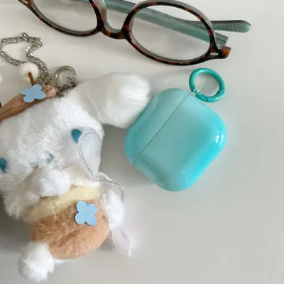 Einzigartige, einfarbige, glänzende Kopfhörerhülle in Seeblau mit Ring, geeignet für AirPods 1 2 3 4 Pro Pro 2 Image
