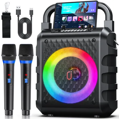 FanFun Kabelloser Lautsprecher, tragbarer Bluetooth-Lautsprecher mit Mikrofon und LED-Licht, Karaoke-Lautsprechermaschine, Heim-Karaoke-System