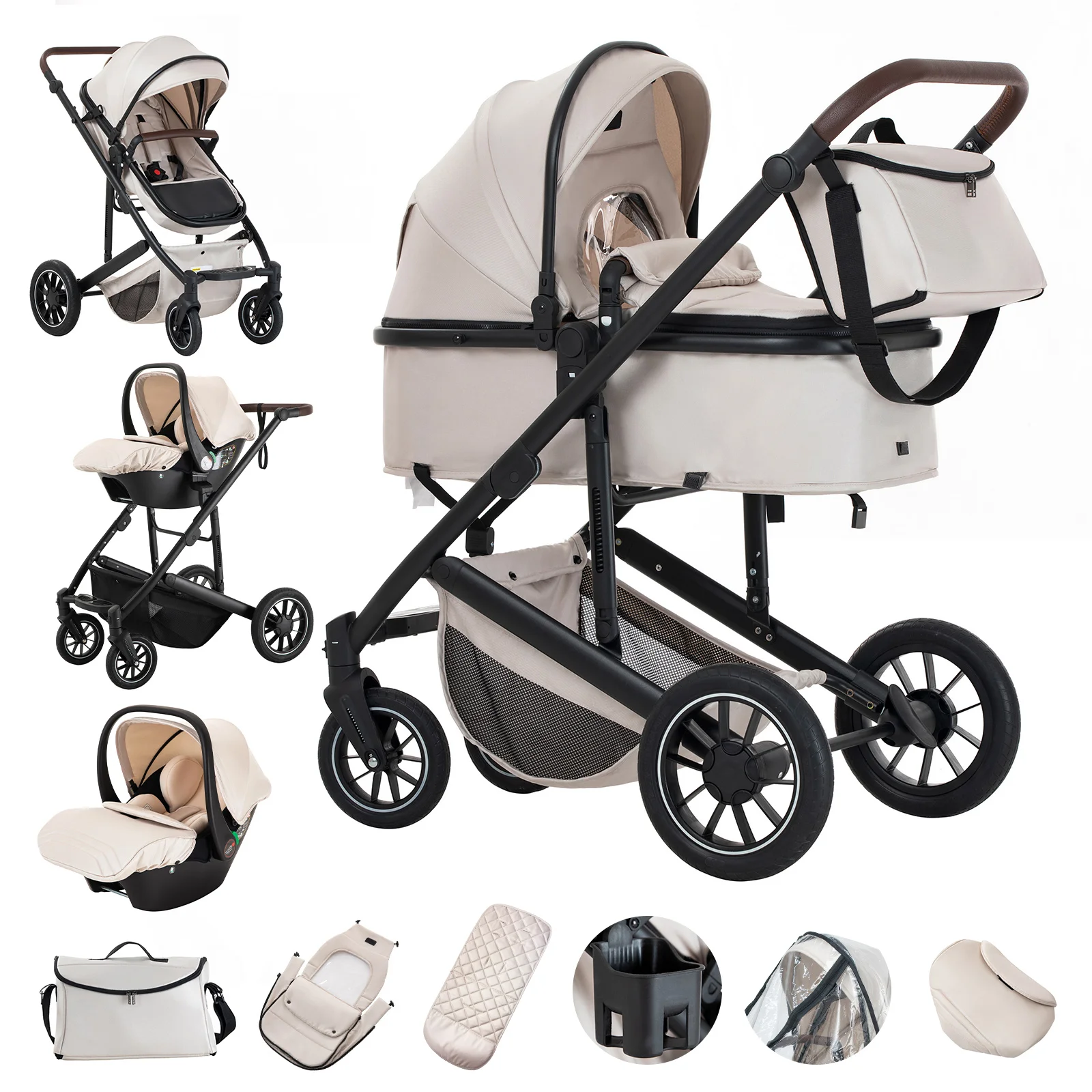 Luxuriöser 3-in-1 tragbarer Reise-Kinderwagen mit hohem Landschaftsaluminiumrahmen, faltbarer Kinderwagen für Neugeborene mit vier Rädern Image
