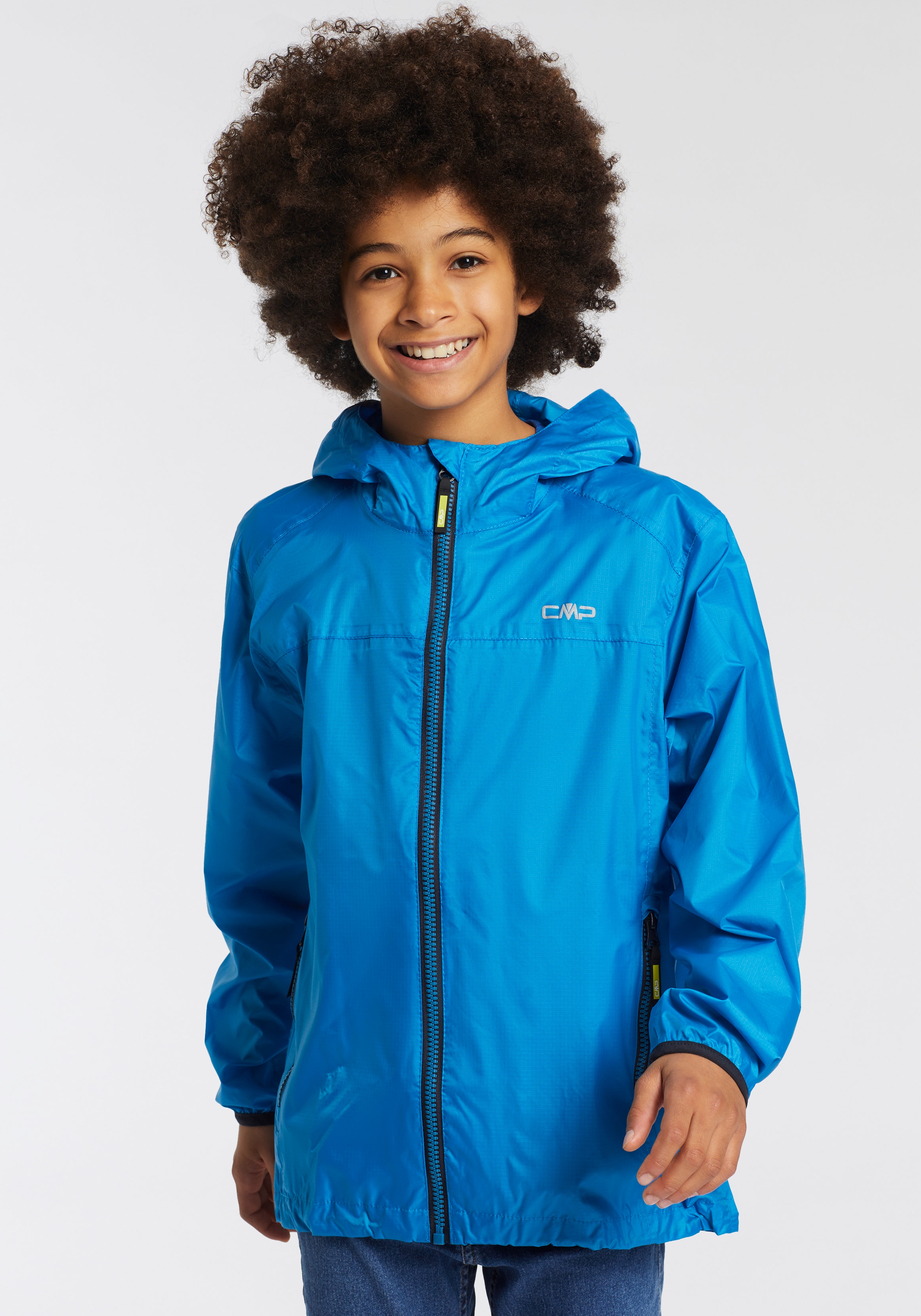 Regenjacke CMP "KID JACKET RAIN FIX HOOD", Kinder, Gr. 164, blau (cyano), Obermaterial: 100% Polyamid, unifarben, normal, hoch geschlossener Ausschnitt, eingesetzt eingefasste Kante, Jacken, für Kinder Image