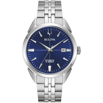 Automatikuhr BULOVA, silber (silberfarben, blau), Armbanduhren, Damen, Armbanduhr, Herrenuhr, Damenuhr, Lederarmband, Saphirglas Image
