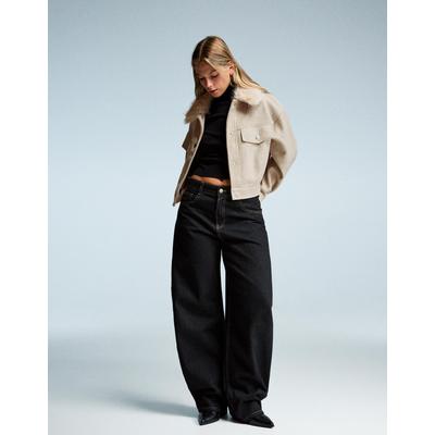 Bershka Soft Trucker Jacket With Faux Fur Collar Women M Camel